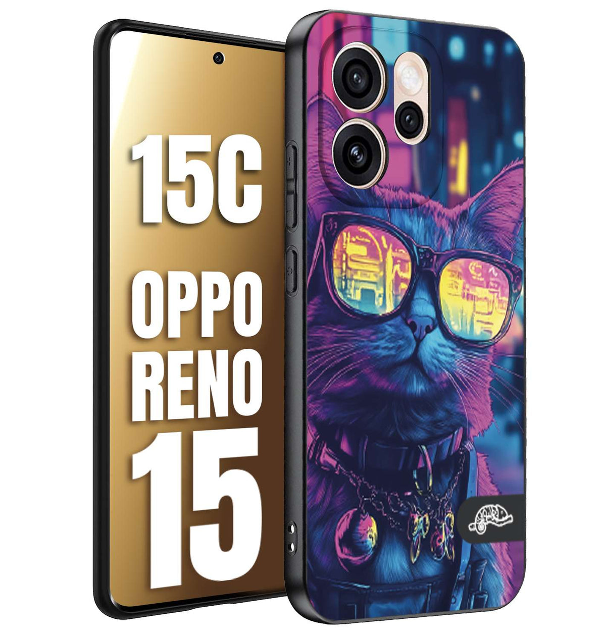 CUSTOMIZZA - Custodia cover nera morbida in tpu compatibile per Oppo Reno 15 - Reno 15Canimali cyberpunk gatto street cat fucsia blu giallo