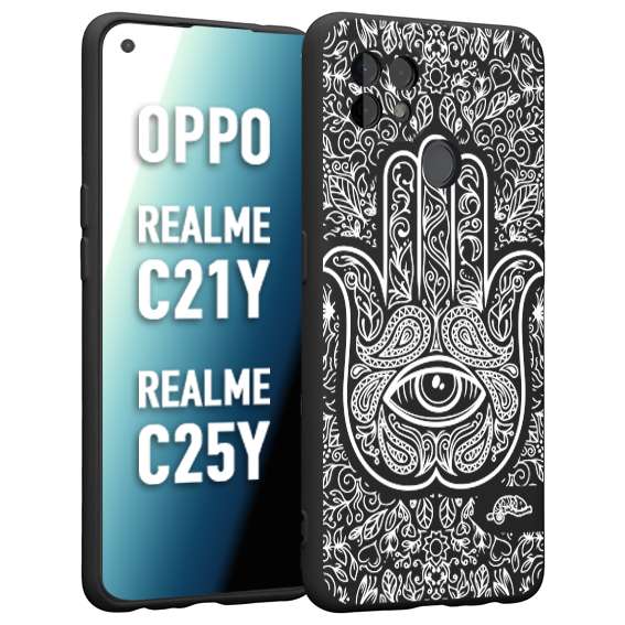 CUSTOMIZZA - Custodia cover nera morbida in tpu compatibile per Oppo Realme C21Y - C25Y mano di fatima effetto rilievo mandala donna