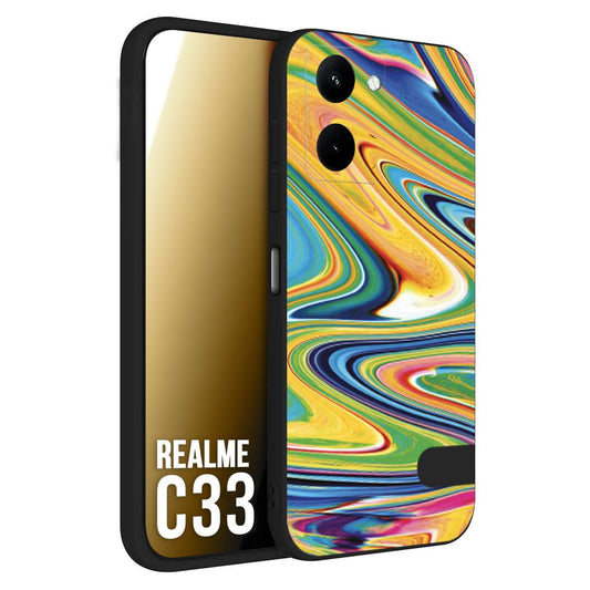 CUSTOMIZZA - Custodia cover nera morbida in tpu compatibile per Realme C33 colorata fantasia vortice marmo arcobaleno gialla verde blu