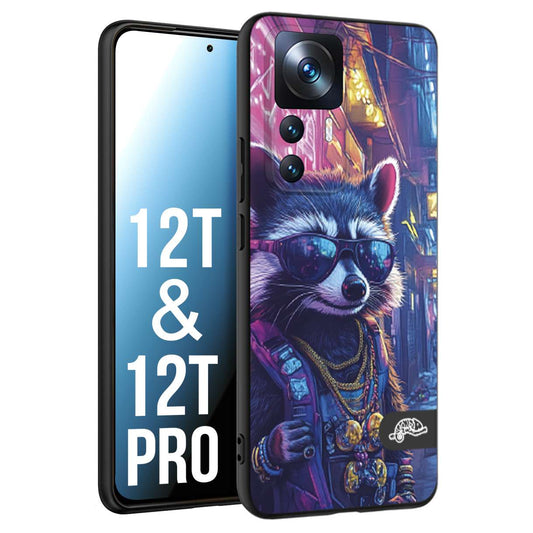 CUSTOMIZZA - Custodia cover nera morbida in tpu compatibile per Xiaomi 12T - 12T PRO animali simpatici cyberpunk procione racoon street cat fucsia blu giallo