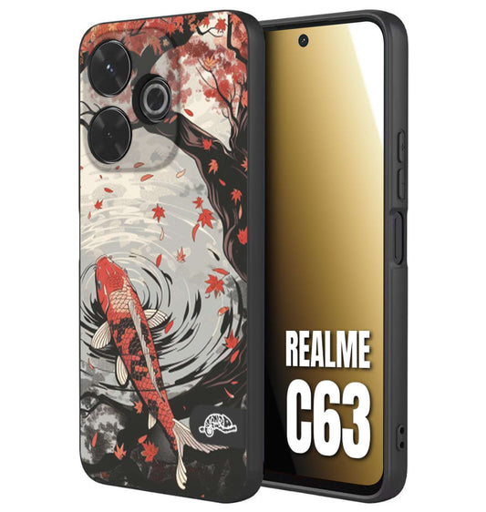 CUSTOMIZZA - Custodia cover nera morbida in tpu compatibile per Realme C63 giapponese lago carpa koi rossa con foglie d'acero rosso disegnata tattoo