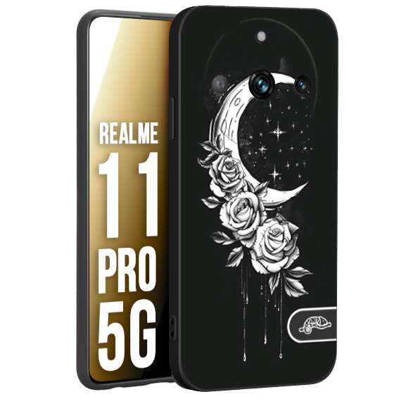 CUSTOMIZZA - Custodia cover nera morbida in tpu compatibile per Realme 11 PRO 5G luna e fiori moon flowers black and white bianco a rilievo disegnato
