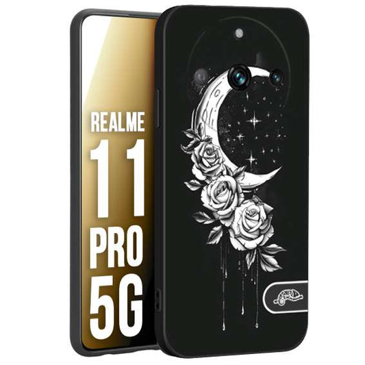 CUSTOMIZZA - Custodia cover nera morbida in tpu compatibile per Realme 11 PRO 5G luna e fiori moon flowers black and white bianco a rilievo disegnato