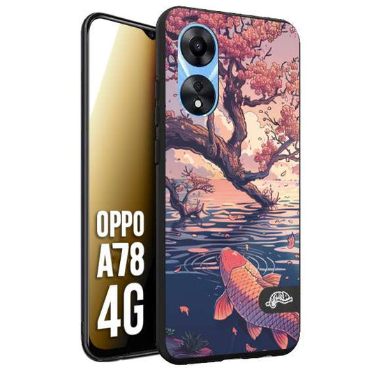 CUSTOMIZZA - Custodia cover nera morbida in tpu compatibile per Oppo A78 4G giapponese lago carpa koi rosa con foglie d'acero disegnata tattoo