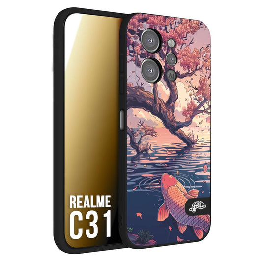 CUSTOMIZZA - Custodia cover nera morbida in tpu compatibile per Oppo Realme C31 giapponese lago carpa koi rosa con foglie d'acero disegnata tattoo