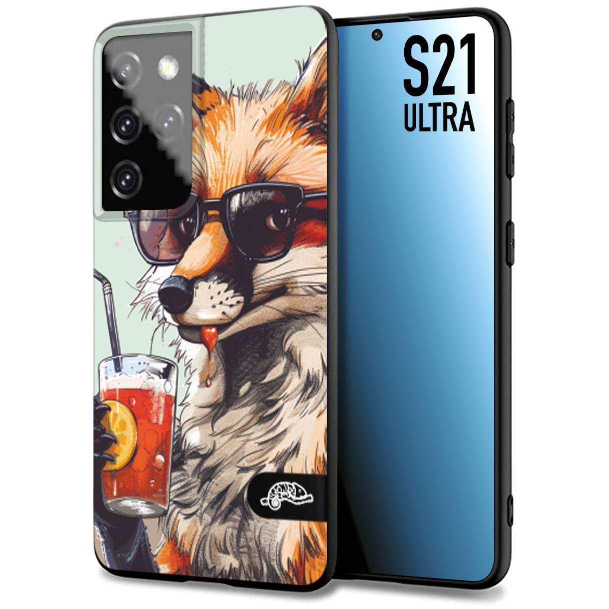 CUSTOMIZZA - Custodia cover nera morbida in tpu compatibile per Samsung S21 ULTRA estate disegnata cocktails animali simpatici fox volpe negroni