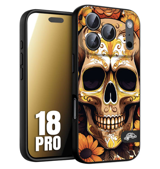 CUSTOMIZZA - Custodia cover nera morbida in tpu compatibile per iPhone 18 PRO teschio messicano colorato dorato fiori tattoo disegnato