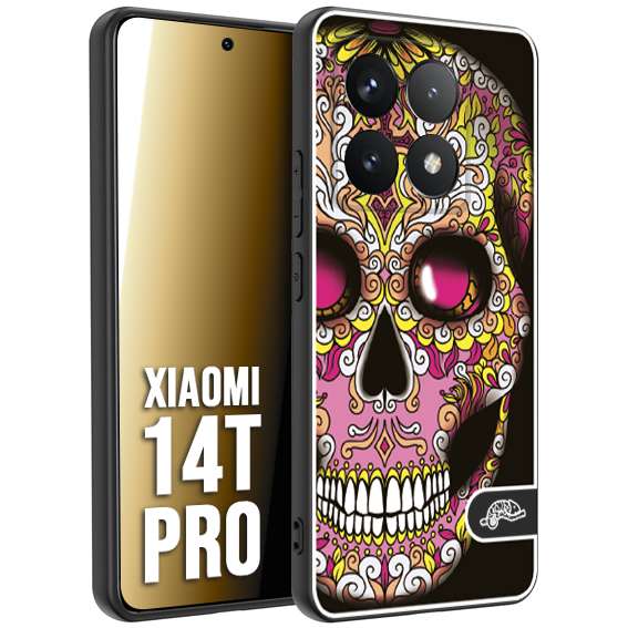 CUSTOMIZZA - Custodia cover nera morbida in tpu compatibile per Xiaomi 14T PRO teschio messicano Mexican skull rosa gialla