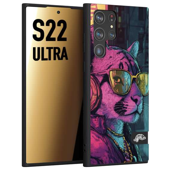CUSTOMIZZA - Custodia cover nera morbida in tpu compatibile per Samsung S22 ULTRA animali cyberpunk pantera street cat fucsia blu giallo