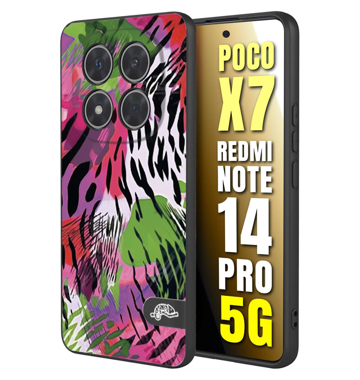 CUSTOMIZZA - Custodia cover nera morbida in tpu compatibile per Xiaomi Redmi Note 14 PRO 5G leopardato tigrato tiger colorata summer color verde fucsia