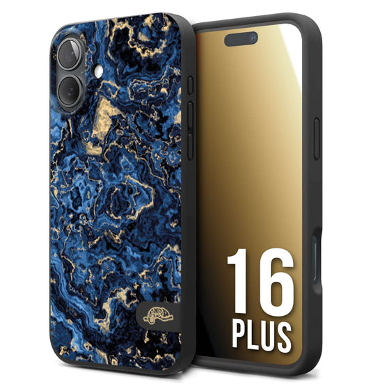 CUSTOMIZZA - Custodia cover nera morbida in tpu compatibile per iPhone 16 PLUS effetto marmo marble blu venature dorato psichedelico