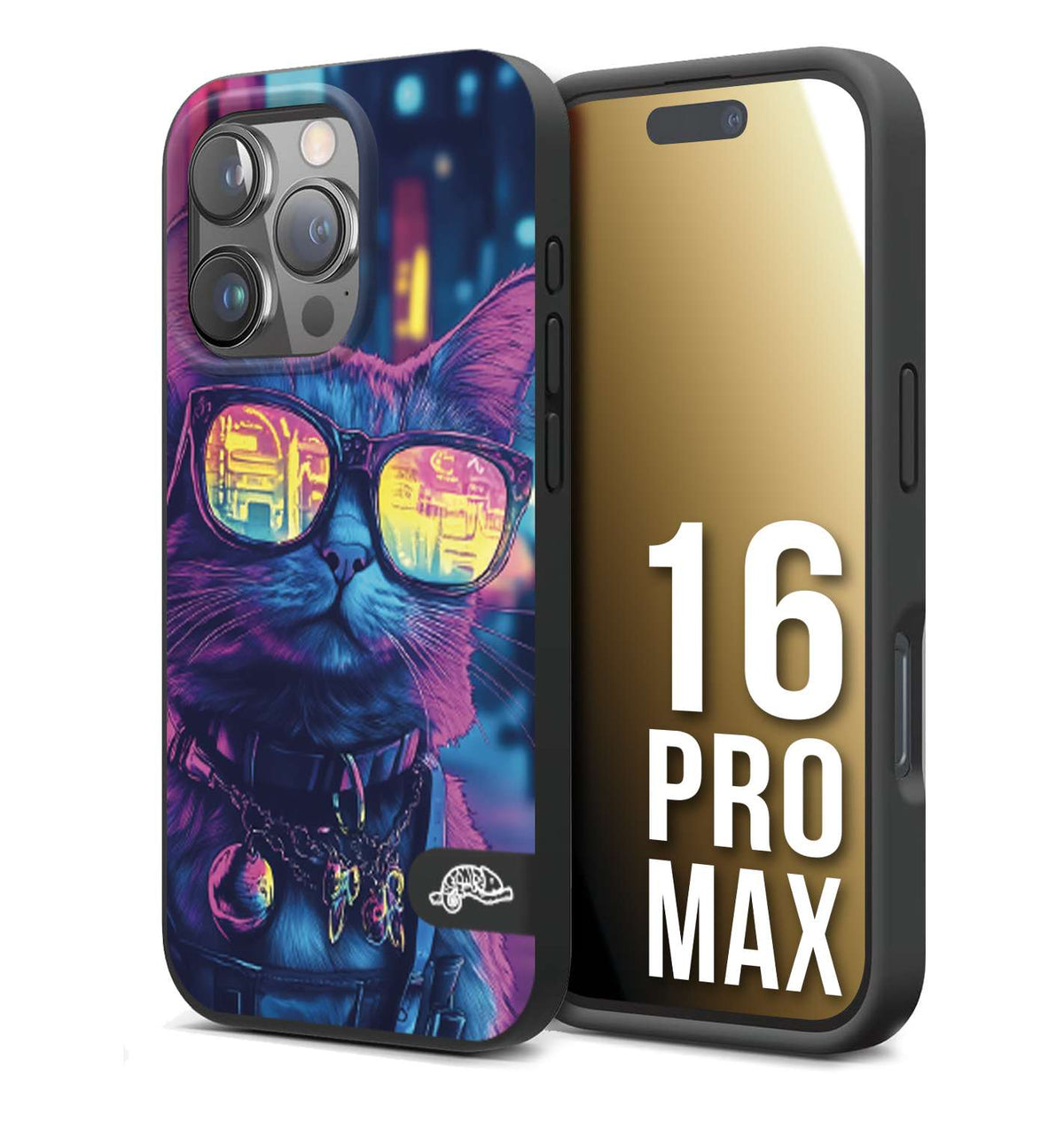 CUSTOMIZZA - Custodia cover nera morbida in tpu compatibile per iPhone 16 PRO MAX animali cyberpunk gatto street cat fucsia blu giallo