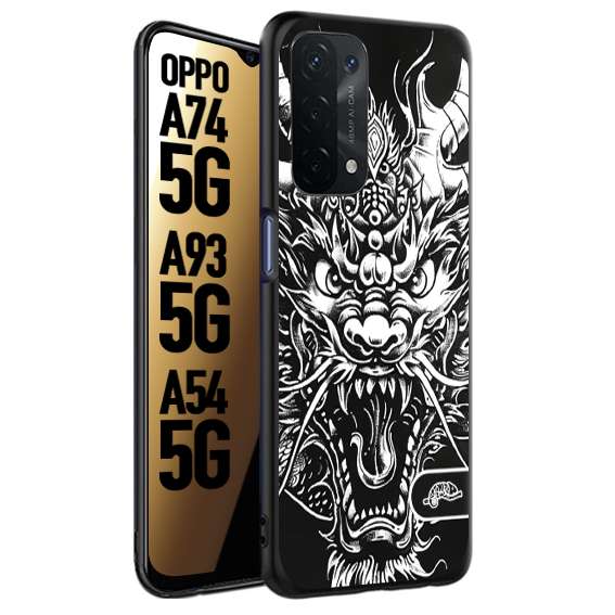 CUSTOMIZZA - Custodia cover nera morbida in tpu compatibile per Oppo A74 5G - A93 5G - A54 5G drago black and white bianco a rilievo disegnato tattoo tatuaggio