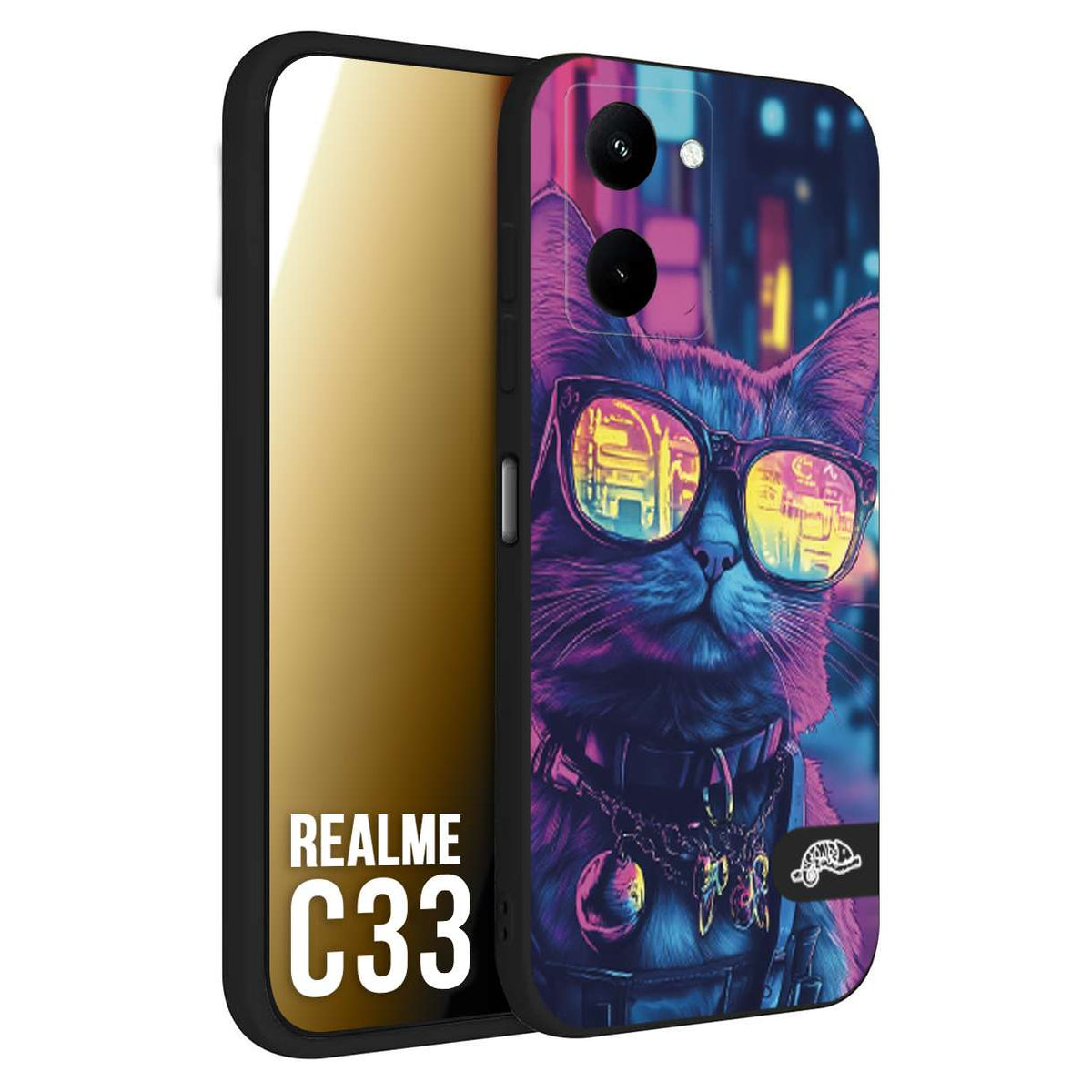 CUSTOMIZZA - Custodia cover nera morbida in tpu compatibile per Realme C33 animali cyberpunk gatto street cat fucsia blu giallo
