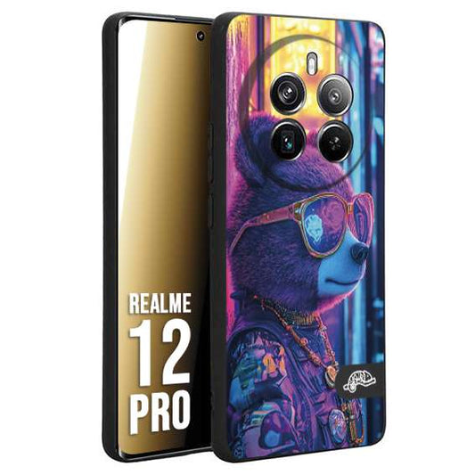 CUSTOMIZZA - Custodia cover nera morbida in tpu compatibile per Realme 12 PRO animali cyberpunk orsetto orso street bear fucsia blu night