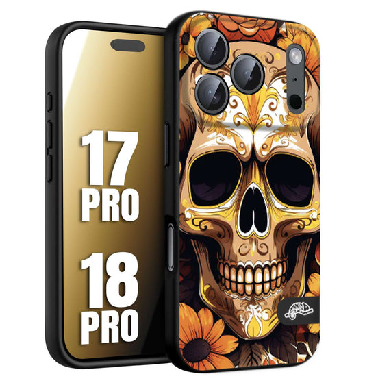 CUSTOMIZZA - Custodia cover nera morbida in tpu compatibile per iPhone 17 PRO - 18 PRO teschio messicano colorato dorato fiori tattoo disegnato