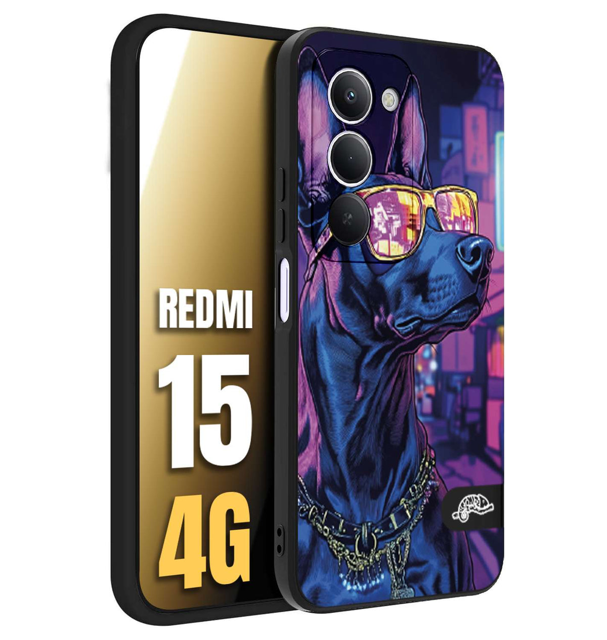 CUSTOMIZZA - Custodia cover nera morbida in tpu compatibile per Xiaomi Redmi 15 4G animali cyberpunk dobermann cane street dog fucsia blu night