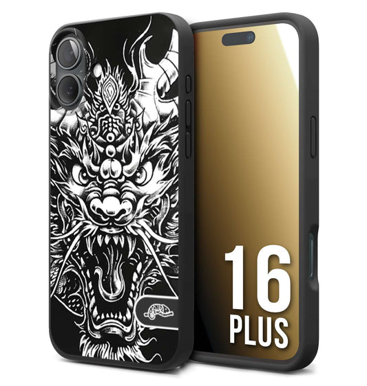 CUSTOMIZZA - Custodia cover nera morbida in tpu compatibile per iPhone 16 PLUS drago black and white bianco a rilievo disegnato tattoo tatuaggio