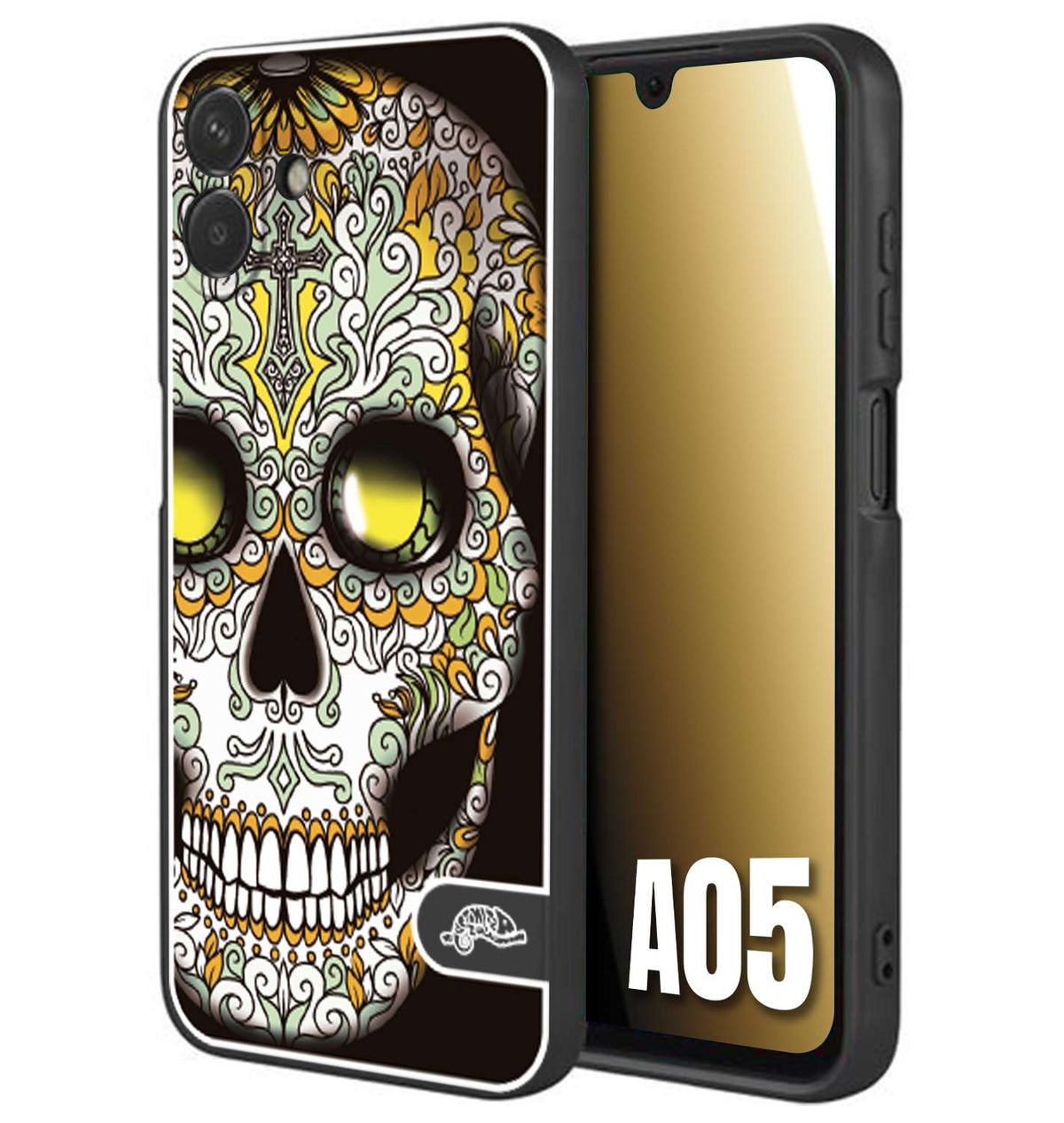 CUSTOMIZZA - Custodia cover nera morbida in tpu compatibile per Samsung A05 teschio messicano Mexican skull bianco verde giallo