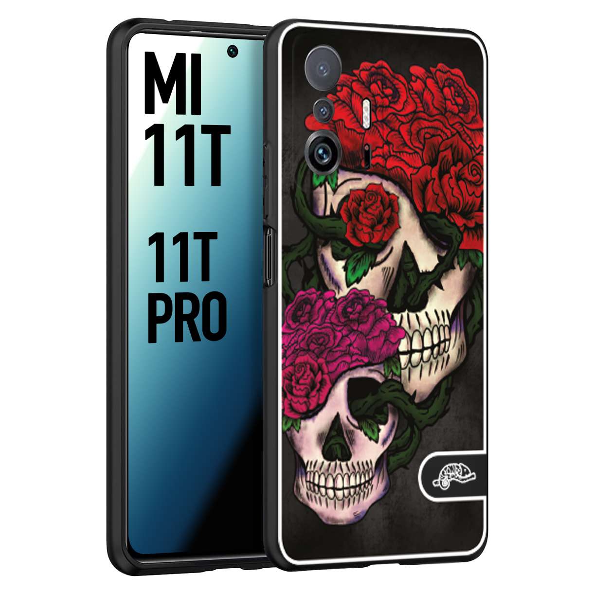 CUSTOMIZZA - Custodia cover nera morbida in tpu compatibile per Xiaomi Mi 11T - Mi 11T PRO teschi e rose rosse fucsia skull and roses