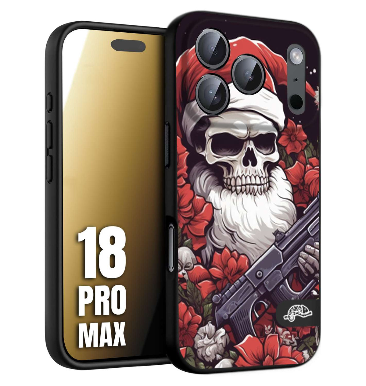 CUSTOMIZZA - Custodia cover nera morbida in tpu compatibile per iPhone 18 PRO MAX teschio natale santa claus fiori tattoo disegnato