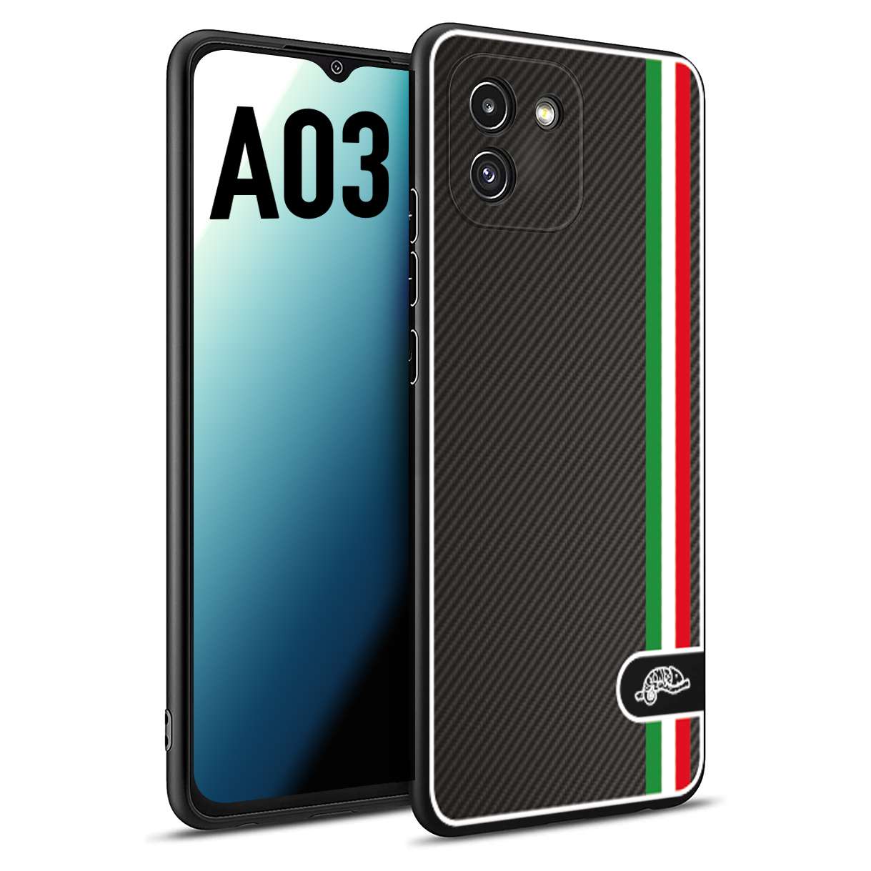 CUSTOMIZZA - Custodia cover nera morbida in tpu compatibile per Samsung A03 effetto fibra di carbonio bandiera Italia made in Italy