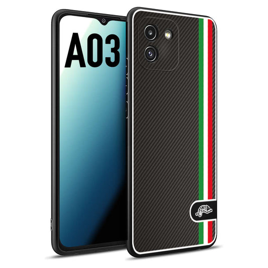 CUSTOMIZZA - Custodia cover nera morbida in tpu compatibile per Samsung A03 effetto fibra di carbonio bandiera Italia made in Italy