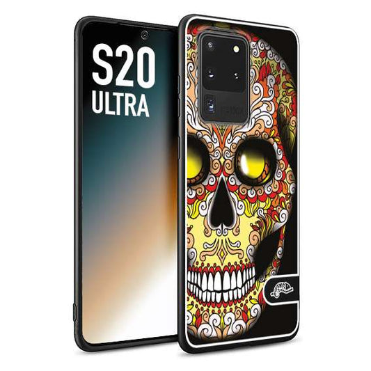 CUSTOMIZZA - Custodia cover nera morbida in tpu compatibile per Samsung S20 ULTRA teschio messicano Mexican skull giallo rosso arancio