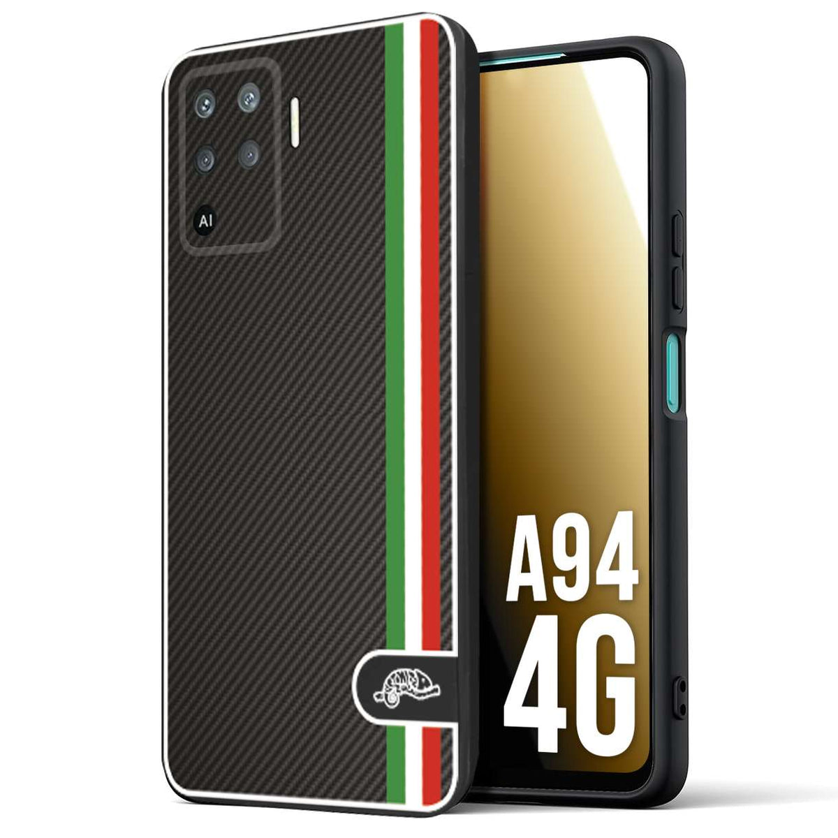 CUSTOMIZZA - Custodia cover nera morbida in tpu compatibile per Oppo A94 4G effetto fibra di carbonio bandiera Italia made in Italy