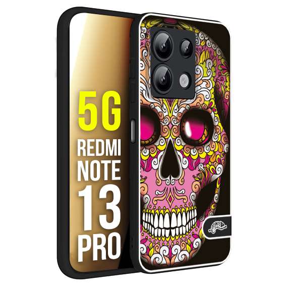 CUSTOMIZZA - Custodia cover nera morbida in tpu compatibile per Xiaomi Redmi Note 13 PRO 5G teschio messicano Mexican skull rosa gialla