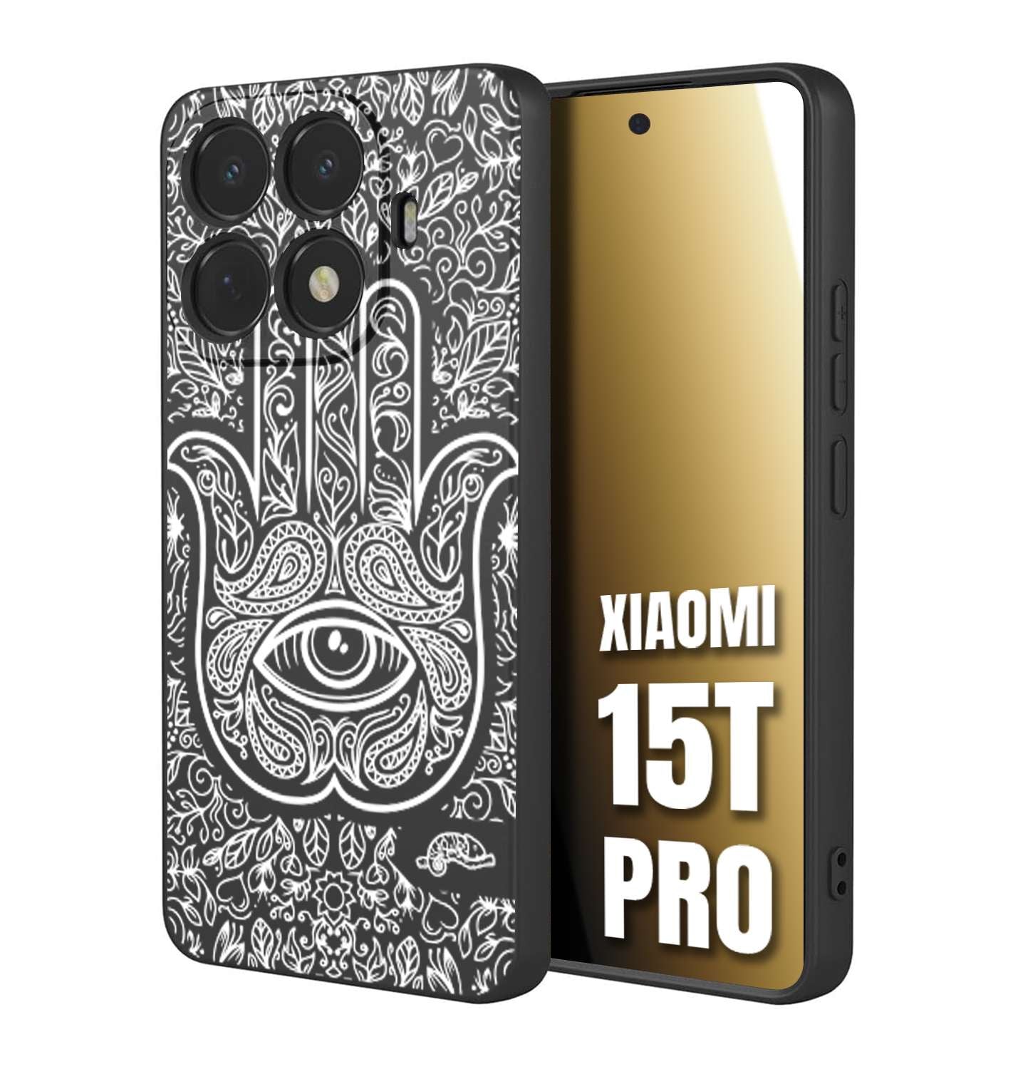 CUSTOMIZZA - Custodia cover nera morbida in tpu compatibile per Xiaomi 15T PRO mano di fatima effetto rilievo mandala donna