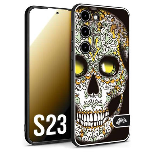 CUSTOMIZZA - Custodia cover nera morbida in tpu compatibile per Samsung S23 teschio messicano Mexican skull bianco verde giallo
