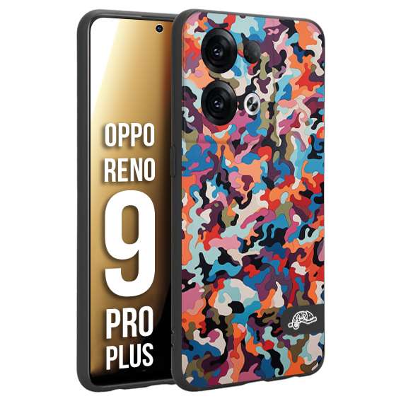 CUSTOMIZZA - Custodia cover nera morbida in tpu compatibile per Oppo Reno 9 PRO PLUS camouflage mimetico militare moderno blu arancio rosa