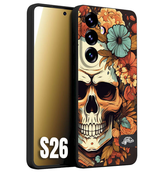 CUSTOMIZZA - Custodia cover nera morbida in tpu compatibile per Samsung S26 teschio skull flowers fiori autunnali arancio celeste tattoo