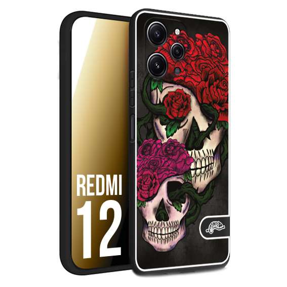 CUSTOMIZZA - Custodia cover nera morbida in tpu compatibile per Xiaomi Redmi 12 teschi e rose rosse fucsia skull and roses