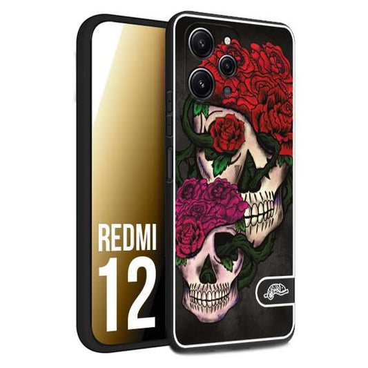 CUSTOMIZZA - Custodia cover nera morbida in tpu compatibile per Xiaomi Redmi 12 teschi e rose rosse fucsia skull and roses