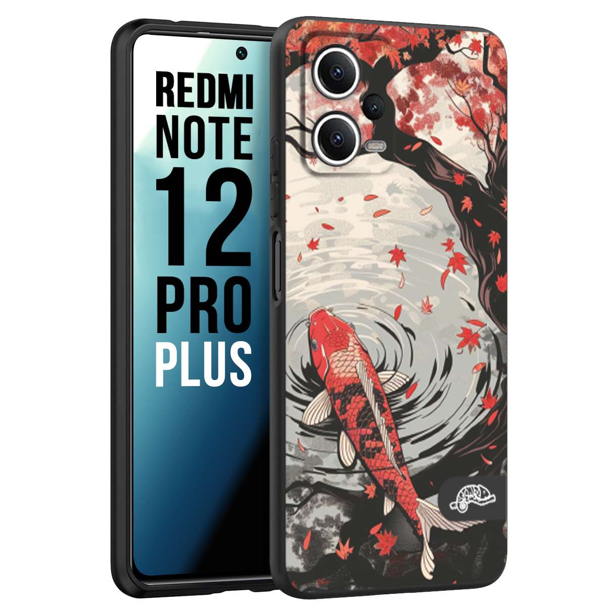 CUSTOMIZZA - Custodia cover nera morbida in tpu compatibile per Xiaomi Redmi Note 12 PRO PLUS giapponese lago carpa koi rossa con foglie d'acero rosso disegnata tattoo