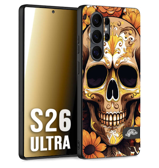 CUSTOMIZZA - Custodia cover nera morbida in tpu compatibile per Samsung S26 ULTRA teschio messicano colorato dorato fiori tattoo disegnato