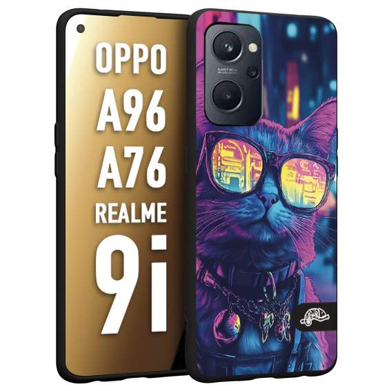 CUSTOMIZZA - Custodia cover nera morbida in tpu compatibile per Realme 9i - A96 - A76 animali cyberpunk gatto street cat fucsia blu giallo