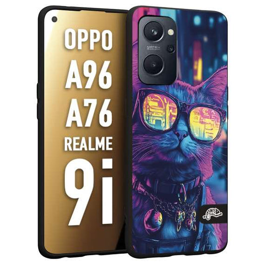 CUSTOMIZZA - Custodia cover nera morbida in tpu compatibile per Realme 9i - A96 - A76 animali cyberpunk gatto street cat fucsia blu giallo