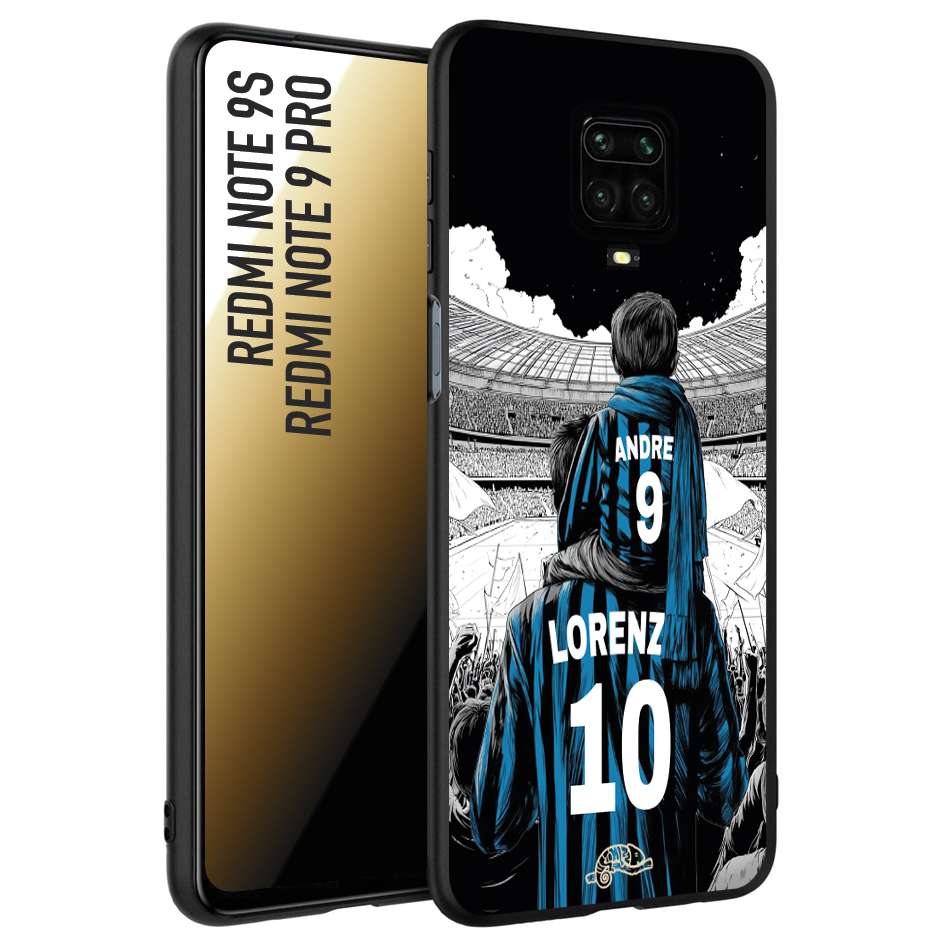 CUSTOMIZZA - Custodia cover nera morbida in tpu compatibile per Xiaomi Redmi Note 9S - Note 9 PRO personalizzata calcio football padre e figlio calciatori nerazzurra