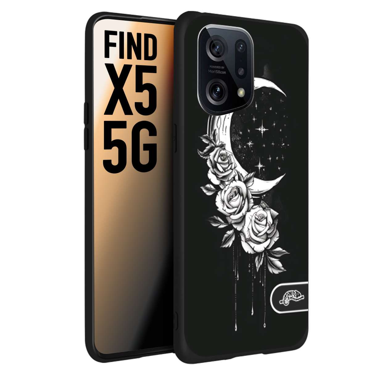 CUSTOMIZZA - Custodia cover nera morbida in tpu compatibile per Oppo Find X5 luna e fiori moon flowers black and white bianco a rilievo disegnato tattoo tatuaggio