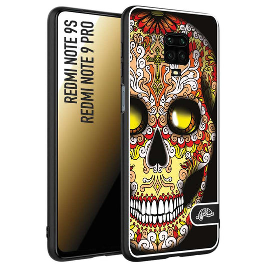 CUSTOMIZZA - Custodia cover nera morbida in tpu compatibile per Xiaomi Redmi Note 9S - Note 9 PRO teschio messicano Mexican skull giallo rosso arancio