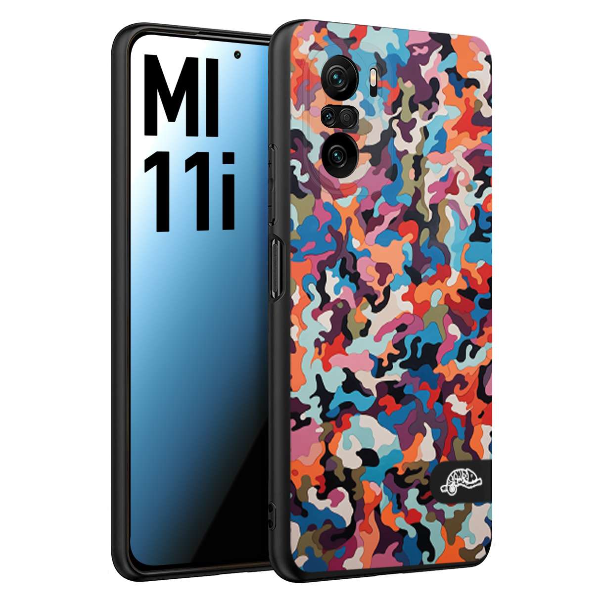 CUSTOMIZZA - Custodia cover nera morbida in tpu compatibile per Xiaomi Mi 11i camouflage mimetico militare moderno blu arancio rosa