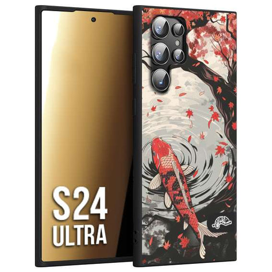 CUSTOMIZZA - Custodia cover nera morbida in tpu compatibile per Samsung S24 ULTRA giapponese lago carpa koi rossa con foglie d'acero rosso disegnata tattoo