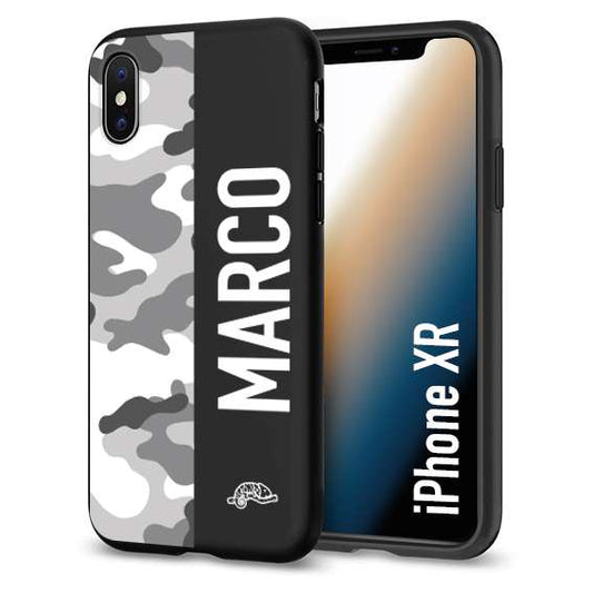 CUSTOMIZZA - Custodia cover nera morbida in tpu compatibile per iPhone XR camouflage mimetico militare personalizzata nome bianco