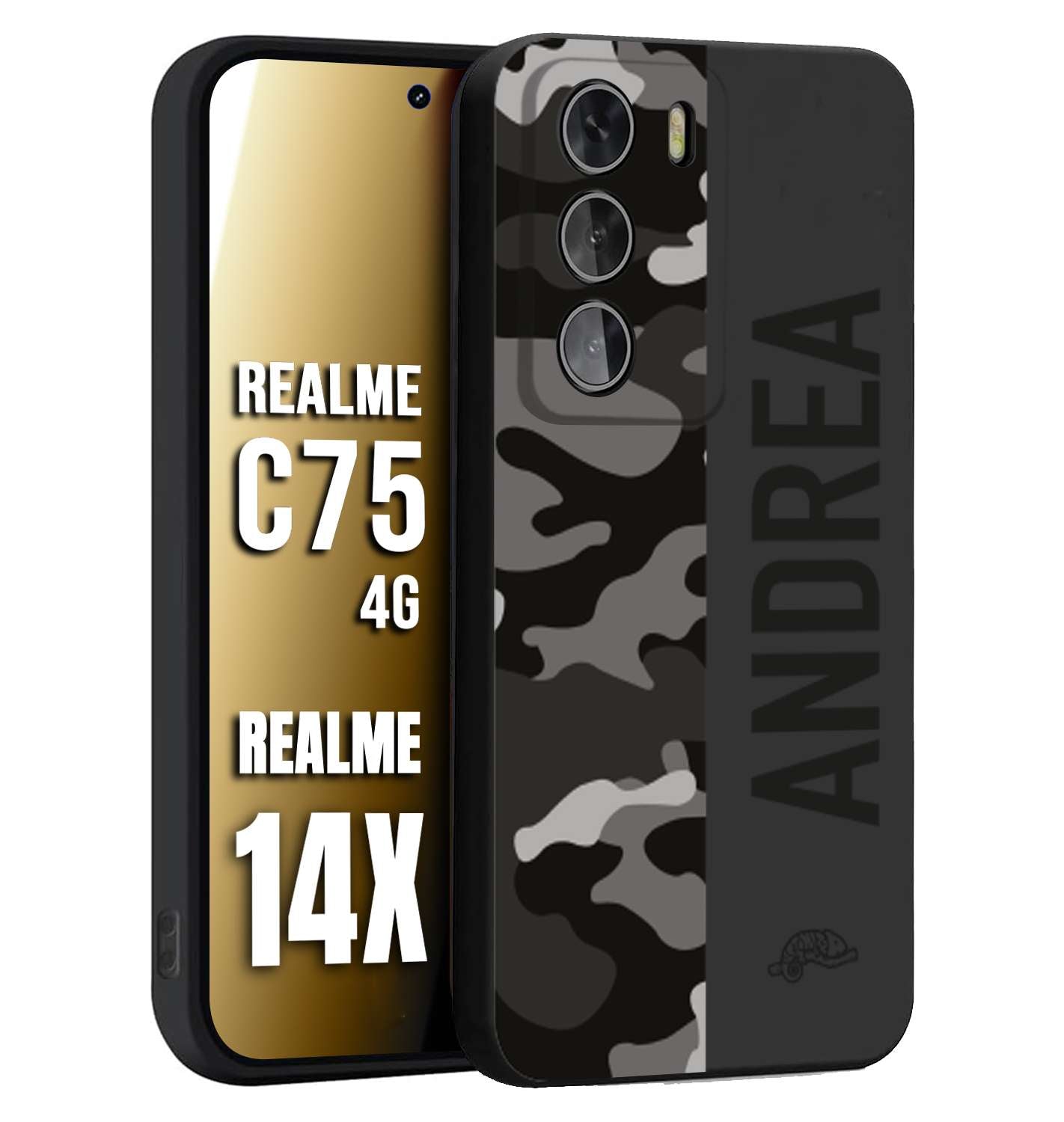 CUSTOMIZZA - Custodia cover nera morbida in tpu compatibile per Realme 14X - C75 4G camouflage mimetico militare personalizzata nome