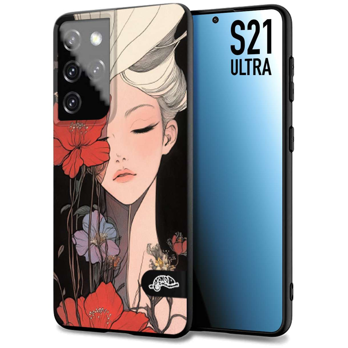 CUSTOMIZZA - Custodia cover nera morbida in tpu compatibile per Samsung S21 ULTRA woman flower Fantasia Floreale Design Donna e Fiori, Retro Artistico