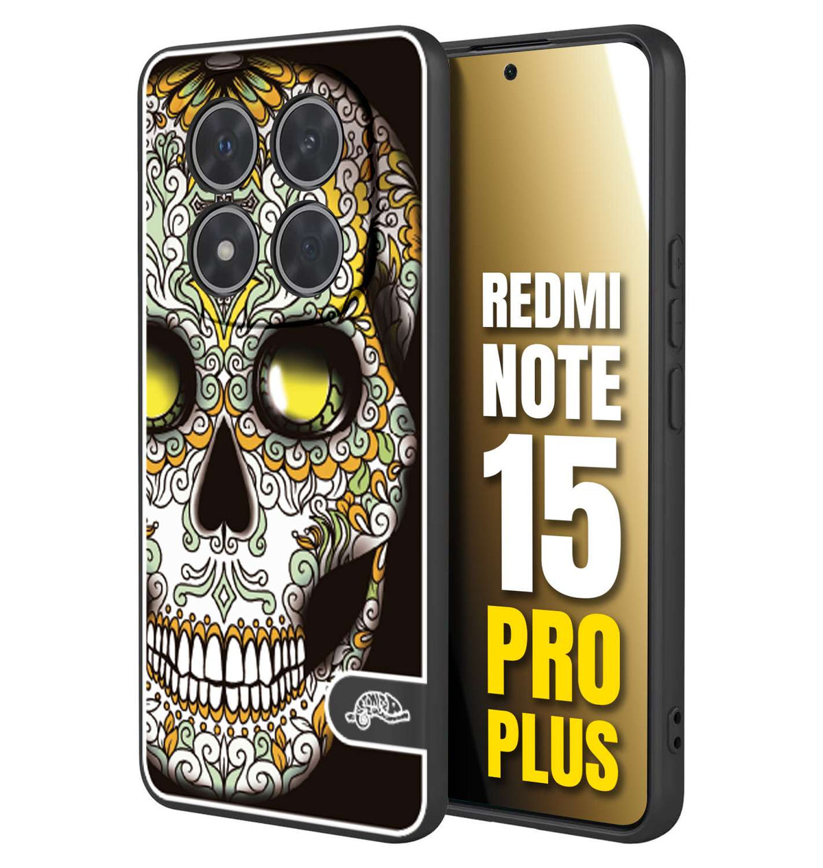 CUSTOMIZZA - Custodia cover nera morbida in tpu compatibile per Xiaomi Redmi Note 15 PRO PLUS teschio messicano Mexican skull bianco verde giallo