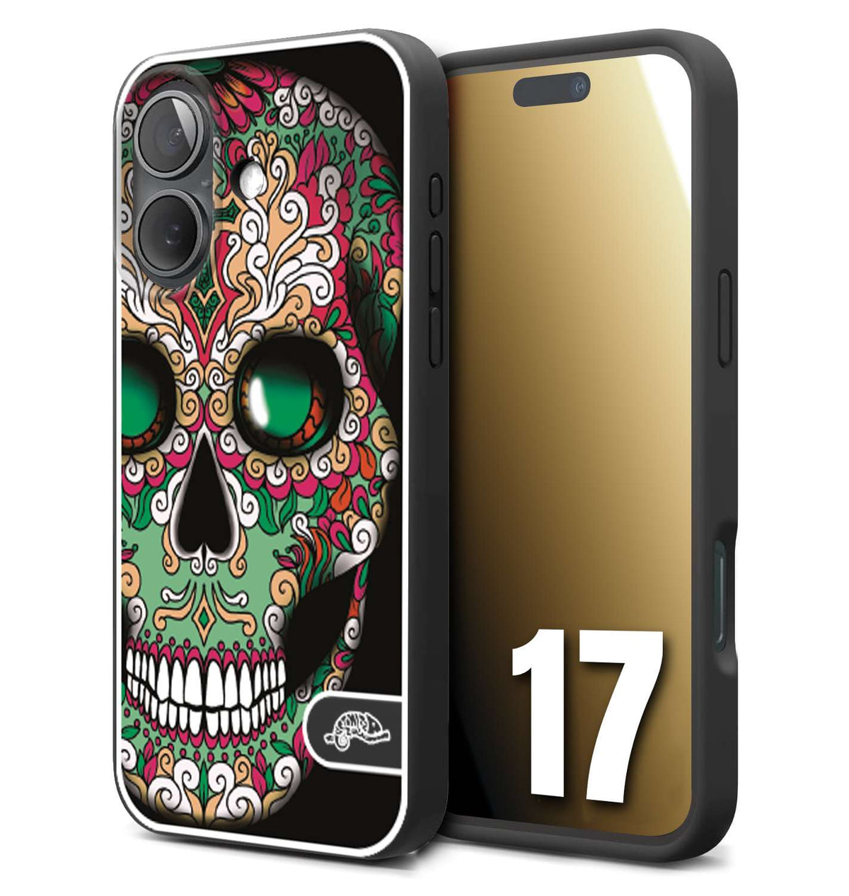 CUSTOMIZZA - Custodia cover nera morbida in tpu compatibile per iPhone 17 teschio messicano Mexican skull verde fucsia
